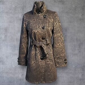 Giacca Womens Jacquard Brocade Trench Coat Black Bronze Belted Long Jacket Small